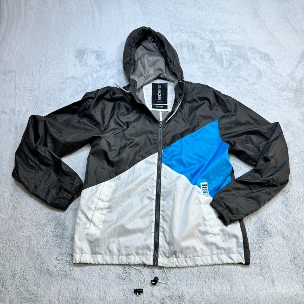 Billabong Jacket Mens Medium Colorblock Black White Blue Windbreaker Surf Hooded